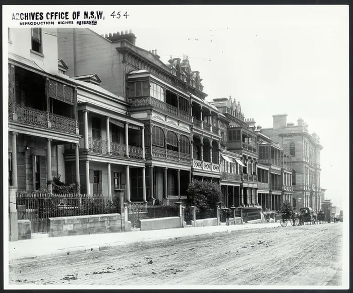 Framed Print : This black-and-white image showcases terrace houses on Macquarie Street in Sydney Framed Print : This black-and-white image showcases terrace houses on Macquarie Street in Sydney