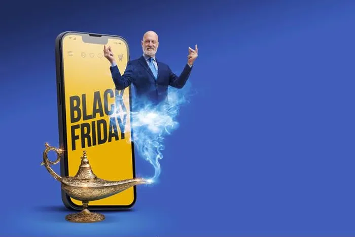 Framed Print : Black Friday sale advertisement on smartphone and genie of the lamp Framed Print : Black Friday sale advertisement on smartphone and genie of the lamp