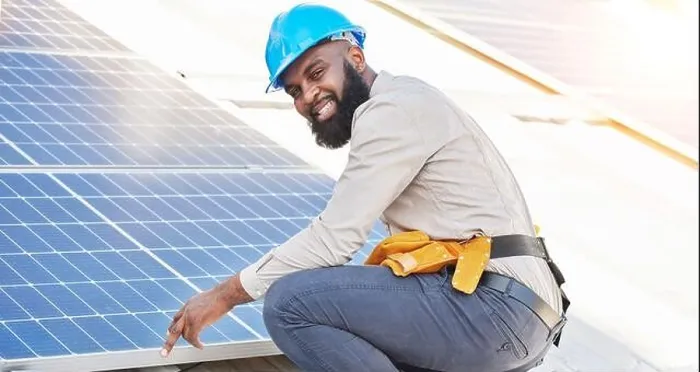 Framed Print : Black man, portrait and technician in solar panel installation on rooftop in city for renewable energy. Happy African male person, engineer or Framed Print : Black man, portrait and technician in solar panel installation on rooftop in city for renewable energy. Happy African male person, engineer or