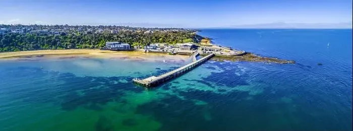 Framed Print : Black Rock Wharf and The Cerberus Beach house - aerial panorama