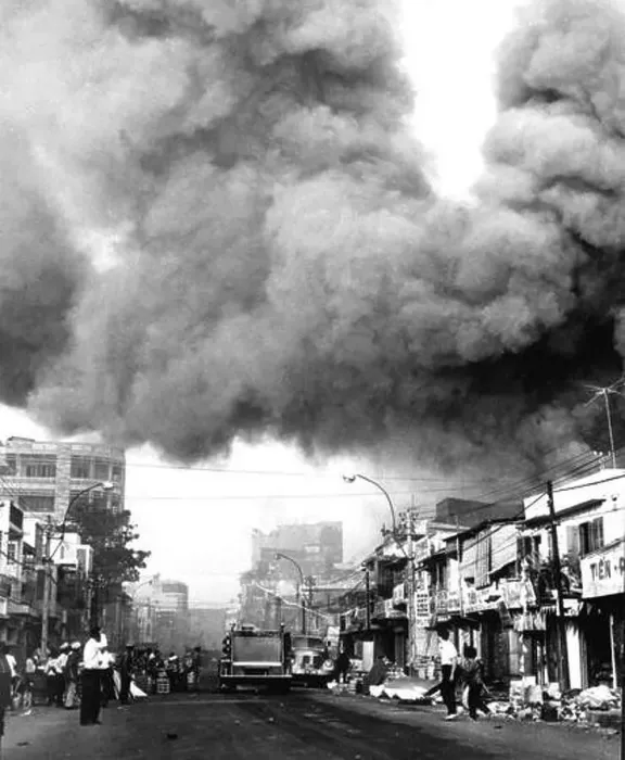 Framed Print : Black smoke covers areas of the capital city Framed Print : Black smoke covers areas of the capital city