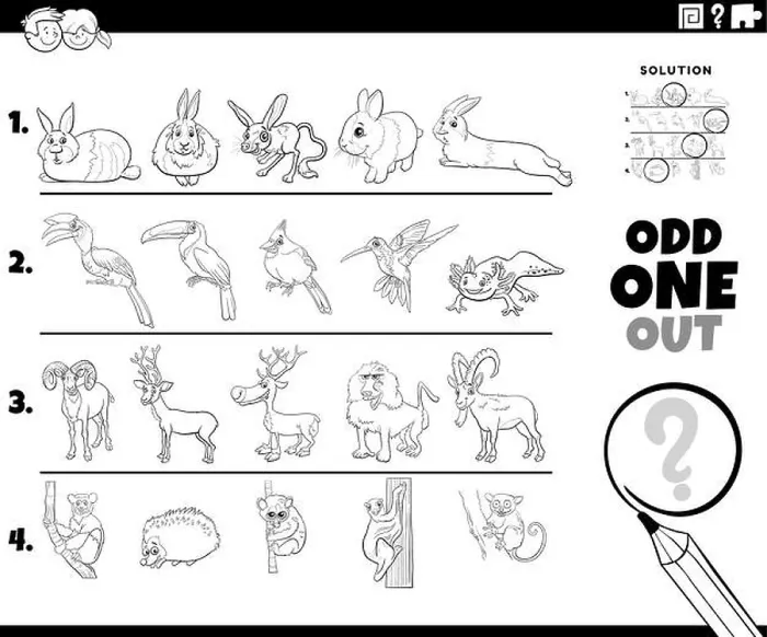 Framed Print : Black and white cartoon illustration of odd one out picture in a row educational task for children with comic animal Framed Print : Black and white cartoon illustration of odd one out picture in a row educational task for children with comic animal