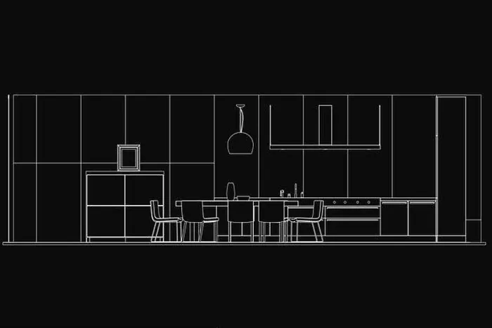 Framed Print : Black and white drawing of a sleek modern kitchen with a table Framed Print : Black and white drawing of a sleek modern kitchen with a table
