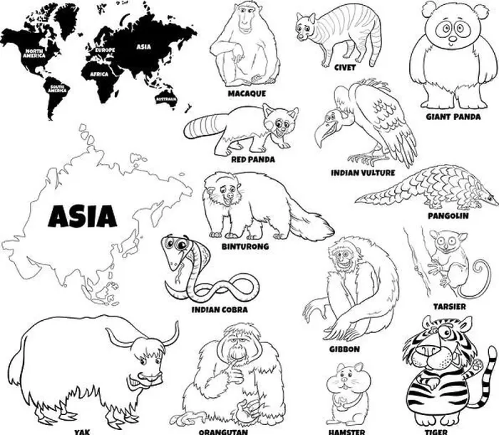Framed Print : Black and white educational cartoon illustration of Asian animal species set and world map with continents shapes coloring book page Framed Print : Black and white educational cartoon illustration of Asian animal species set and world map with continents shapes coloring book page