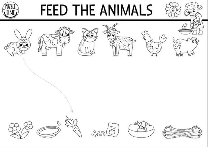 Framed Print : Black and white farm matching activity with animals Framed Print : Black and white farm matching activity with animals