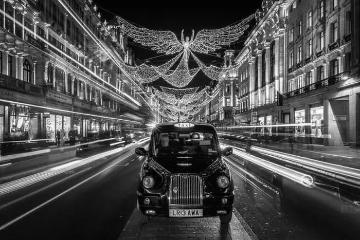 Framed Print : Black and white golden angel christmas decorations on Regent Street Framed Print : Black and white golden angel christmas decorations on Regent Street