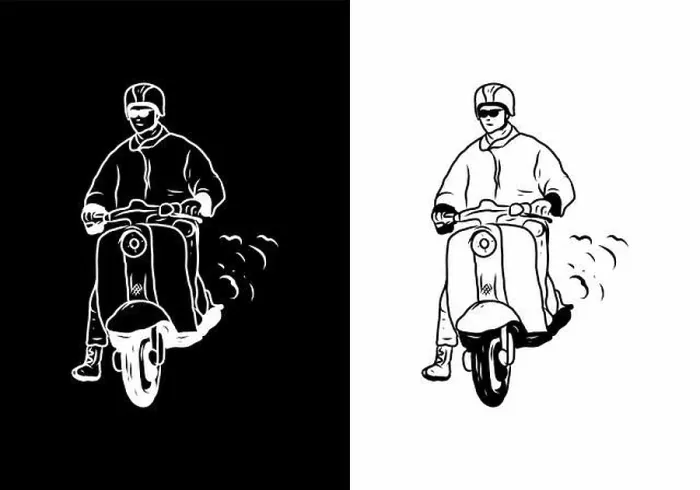 Framed Print : Black and white illustration drawing of man with scooter design Framed Print : Black and white illustration drawing of man with scooter design