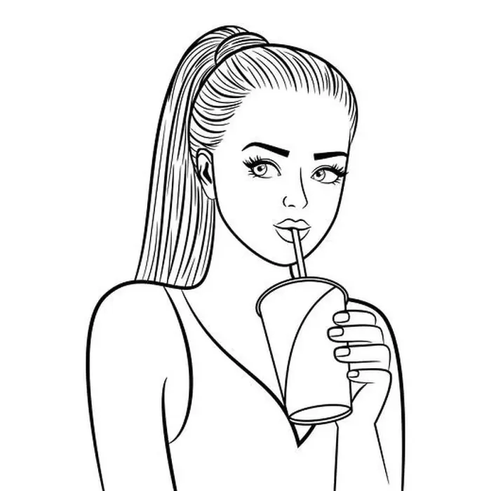Framed Print : Black and white pretty girl with paper cup. Flirting pretty young lady drinking coffee coloring page vector illustration Framed Print : Black and white pretty girl with paper cup. Flirting pretty young lady drinking coffee coloring page vector illustration