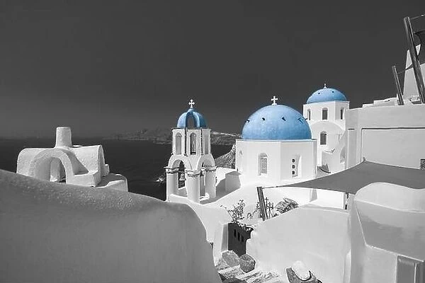 Black and white, Santorini island, Greece. Incredibly romantic summer landscape on Santorini. Oia village. Amazing view with white houses. Artistic