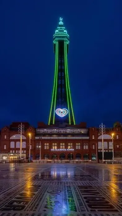 Framed Print : Blackpool Tower, sea front, beach and promenade at night with illuminations and neon lights Framed Print : Blackpool Tower, sea front, beach and promenade at night with illuminations and neon lights