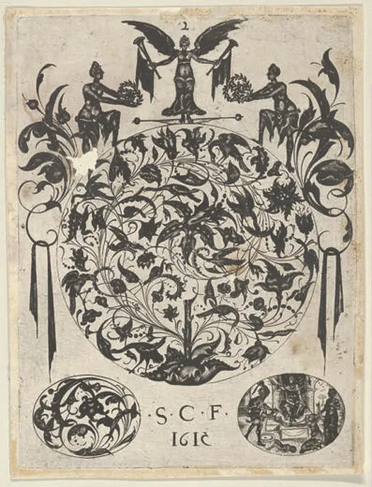 Framed Print : Blackwork Print with a Roundel with Tendrils and Birds Above Two Ovals Framed Print : Blackwork Print with a Roundel with Tendrils and Birds Above Two Ovals