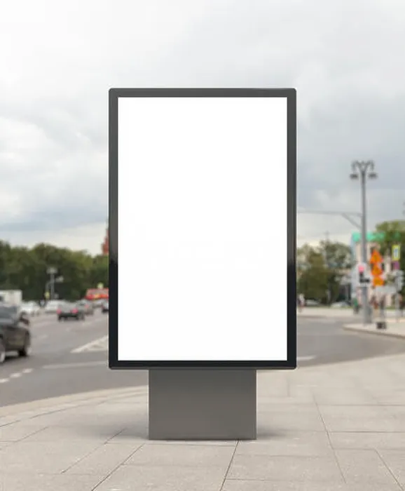 Framed Print : Blank vertical street billboard poster on city background Framed Print : Blank vertical street billboard poster on city background