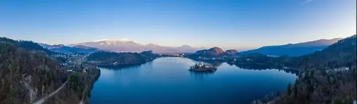Framed Print : Bled lake aerial view panorama in winter season Framed Print : Bled lake aerial view panorama in winter season