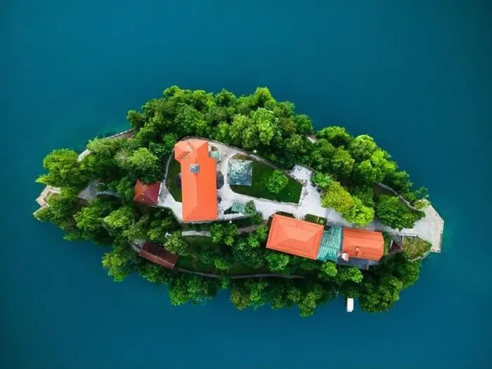 Framed Print : Bled Lake with Church on Island Top Down Drone View Framed Print : Bled Lake with Church on Island Top Down Drone View