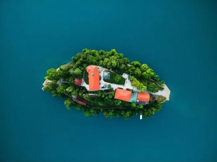 Framed Print : Bled Lake with Church on Island Top Down Drone View Framed Print : Bled Lake with Church on Island Top Down Drone View