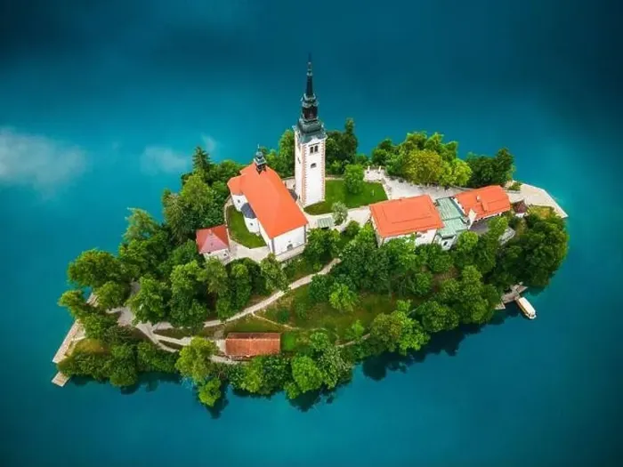 Framed Print : Bled Lake Church on Island in SLovenia. Drone View Framed Print : Bled Lake Church on Island in SLovenia. Drone View