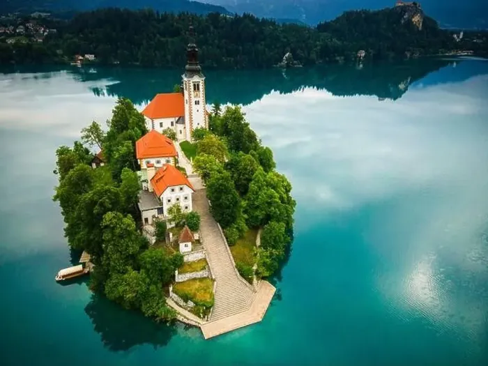 Framed Print : Bled Lake Church on Island in SLovenia. Drone View Framed Print : Bled Lake Church on Island in SLovenia. Drone View