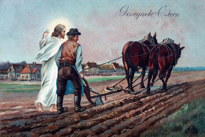 Framed Print : Blessed or Happy Easter, Jesus walking next to a farmer who is plowing a field, historical postcard, circa 1900, kitsch