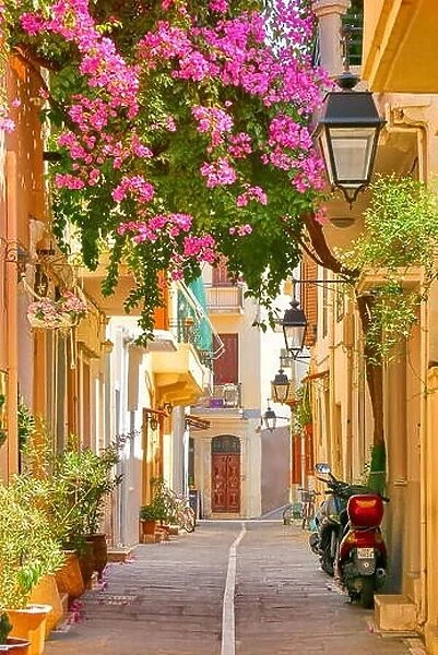 Blooming flowers decoration. Rethymno old town, Crete Island, Greece