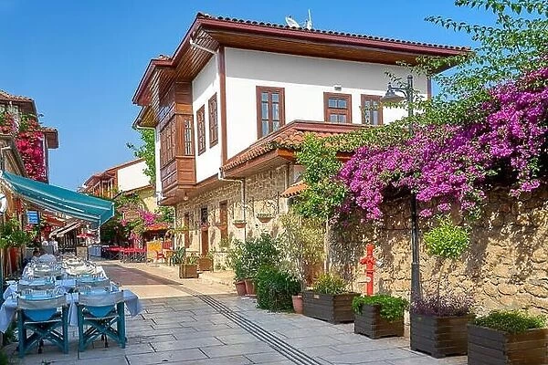 Blooming flowers at Kaleici old town streets, Antalya, Turkey