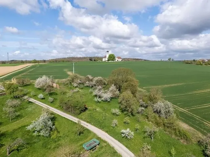 Framed Print : Blooming fruit trees and fields shot with drone in spring Framed Print : Blooming fruit trees and fields shot with drone in spring