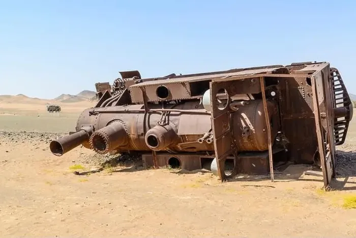 Framed Print : Blown up train on the historical Ottoman Hejaz railway in Hadyjah, Saudi Arabia