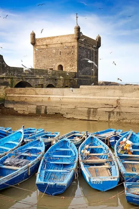 Framed Print : Blue fishing boats in the harbour of Essaouira, Morocco, Africa Framed Print : Blue fishing boats in the harbour of Essaouira, Morocco, Africa