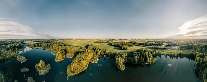 Framed Print : Blue Lake Green field and forest nature in Lithuania