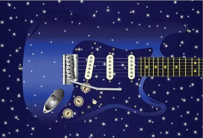 Framed Print : A blue star studded background with a series of small stars over a blue guitar Framed Print : A blue star studded background with a series of small stars over a blue guitar