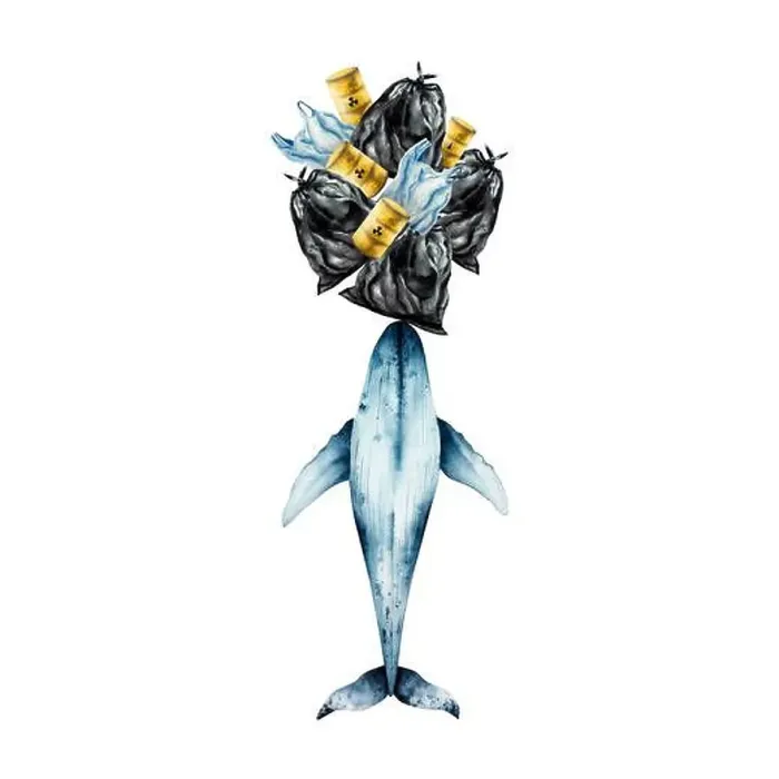 Framed Print : Blue whale carries a mountain of garbage Framed Print : Blue whale carries a mountain of garbage