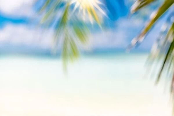 Blurred blue sky and sea with bokeh light and leaves of coconut palm tree. Landscape of tropical summer. Summer vacation concept. Luxury dream travel