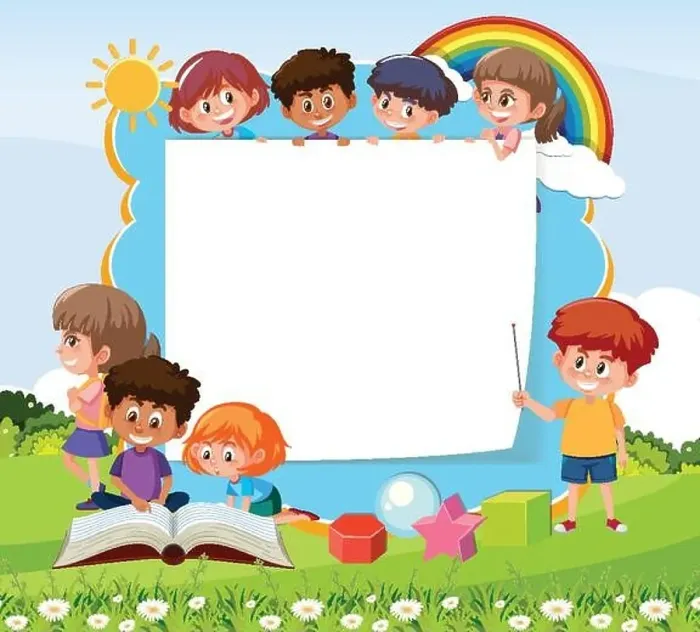 Framed Print : Empty board with many children cartoon character on nature park background illustration Framed Print : Empty board with many children cartoon character on nature park background illustration