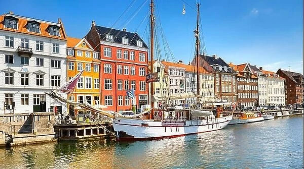 The boat moored in Nyhavn Canal, Copenhagen, Denmark