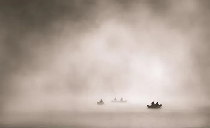 Framed Print : Three boats of fishermen early in the morning on a foggy lake, sepia, minimalism, copy space, horizontal Framed Print : Three boats of fishermen early in the morning on a foggy lake, sepia, minimalism, copy space, horizontal