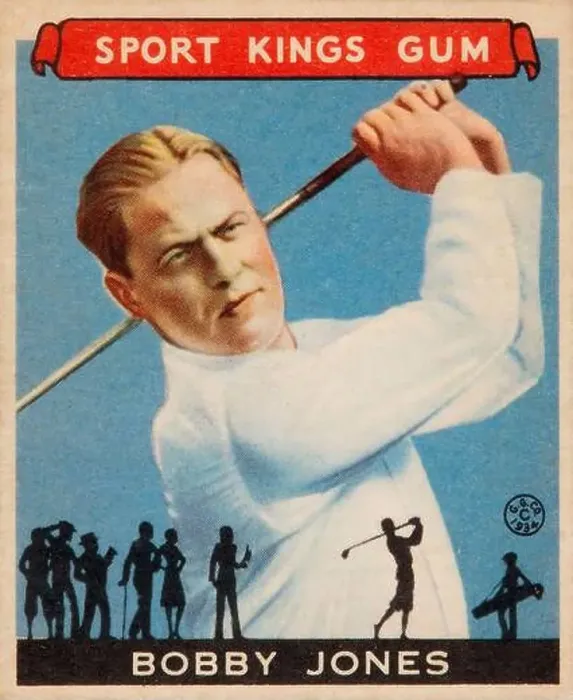 Framed Print : Bobby Jones, Sport Kings Gum, card. Bobby swinging the golf club and silhouetts of golf players in the bottom Framed Print : Bobby Jones, Sport Kings Gum, card. Bobby swinging the golf club and silhouetts of golf players in the bottom