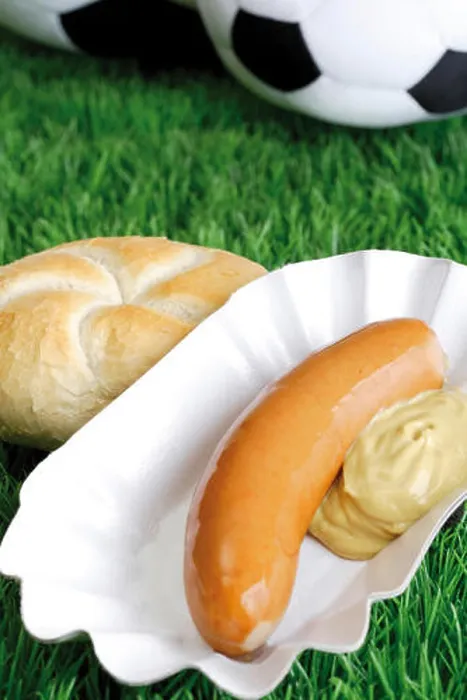 Framed Print : Bockwurst sausage with mustard and bread roll on a football turf Framed Print : Bockwurst sausage with mustard and bread roll on a football turf