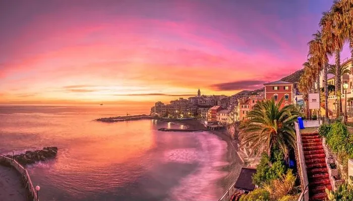 Framed Print : Bogliasco, Genoa, Italy skyline on the Mediterranean sea at sunset Framed Print : Bogliasco, Genoa, Italy skyline on the Mediterranean sea at sunset