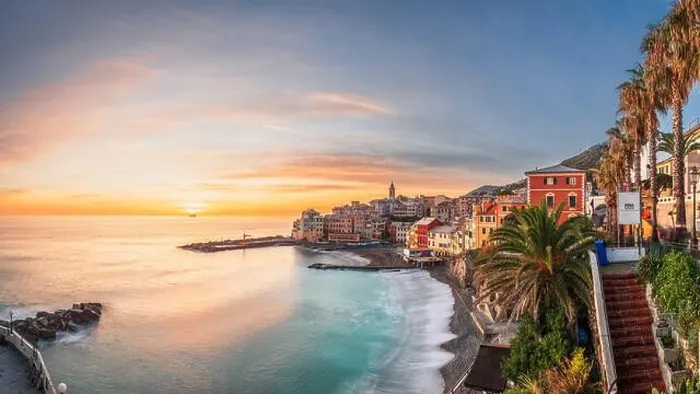 Framed Print : Bogliasco, Genoa, Italy skyline on the Mediterranean sea at sunset Framed Print : Bogliasco, Genoa, Italy skyline on the Mediterranean sea at sunset