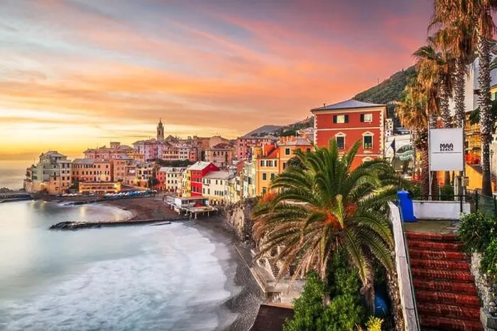 Framed Print : Bogliasco, Genoa, Italy skyline on the Mediterranean sea at sunset Framed Print : Bogliasco, Genoa, Italy skyline on the Mediterranean sea at sunset