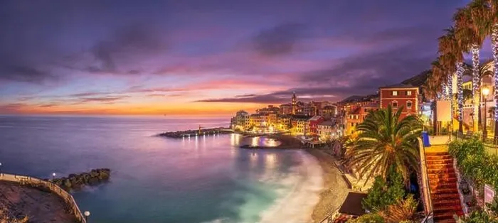 Framed Print : Bogliasco, Genoa, Italy town skyline on the Mediterranean sea at sunset Framed Print : Bogliasco, Genoa, Italy town skyline on the Mediterranean sea at sunset