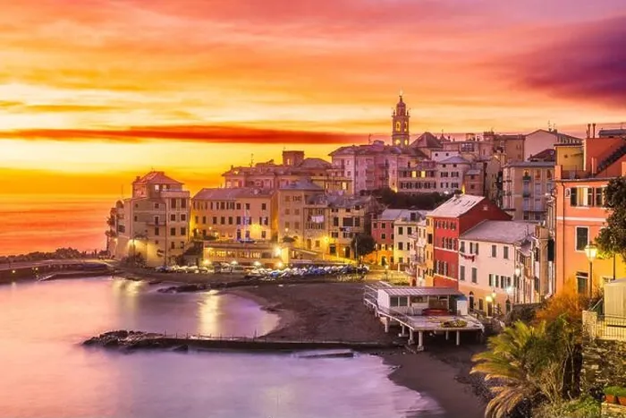 Framed Print : Bogliasco, Genoa, Italy town skyline on the Mediterranean sea at sunset