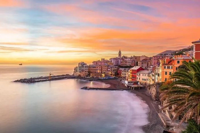 Framed Print : Bogliasco, Genoa, Italy town skyline on the Mediterranean sea at sunset Framed Print : Bogliasco, Genoa, Italy town skyline on the Mediterranean sea at sunset