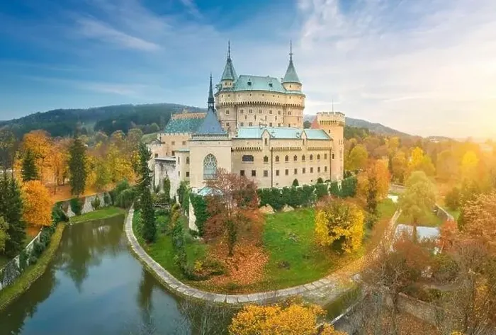Framed Print : Bojnice Castle. Aerial view of neo-gothic romantic Framed Print : Bojnice Castle. Aerial view of neo-gothic romantic