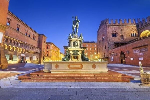 Bologna, Italy with the Fountain of Neptune at twilight