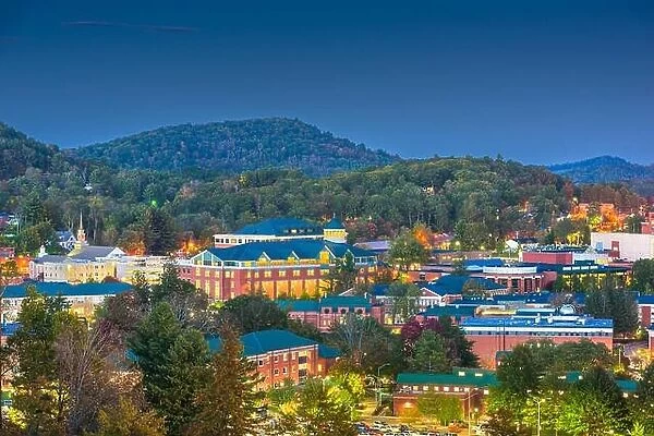 Boone, North Carolina, USA campus and town skyline at twilight