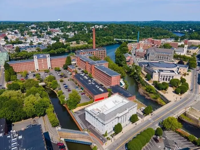 Framed Print : Boott Mills aerial view at the mouth of Concord River to Merrimack River in historic downtown Lowell Framed Print : Boott Mills aerial view at the mouth of Concord River to Merrimack River in historic downtown Lowell