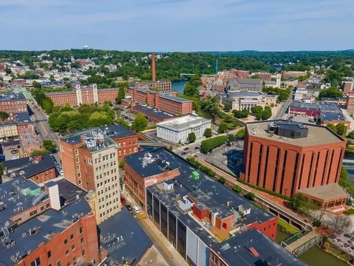 Framed Print : Boott Mills and Middlesex Community College aerial view at the mouth of Concord River to Merrimack River in historic Framed Print : Boott Mills and Middlesex Community College aerial view at the mouth of Concord River to Merrimack River in historic