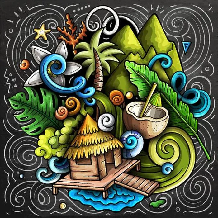 Framed Print : Bora-Bora chalkboard cartoon doodle illustration Framed Print : Bora-Bora chalkboard cartoon doodle illustration
