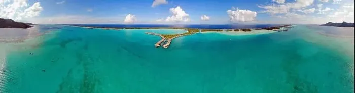 Framed Print : BORA BORA, FRENCH POLYNESIA -4 DEC 2018- Aerial view of overwater bungalow villas at the St Regis Resort Bora-Bora in Framed Print : BORA BORA, FRENCH POLYNESIA -4 DEC 2018- Aerial view of overwater bungalow villas at the St Regis Resort Bora-Bora in