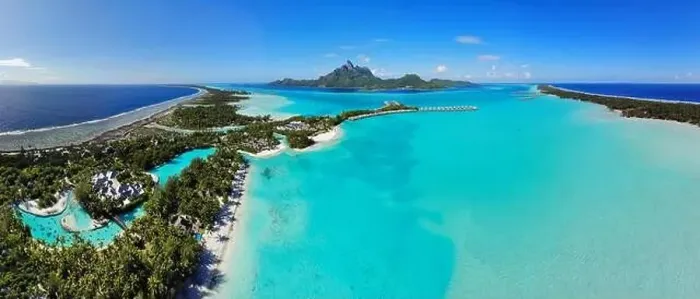 Framed Print : BORA BORA, FRENCH POLYNESIA -4 DEC 2018- Aerial view of overwater bungalow villas at the St Regis Resort Bora-Bora in Framed Print : BORA BORA, FRENCH POLYNESIA -4 DEC 2018- Aerial view of overwater bungalow villas at the St Regis Resort Bora-Bora in